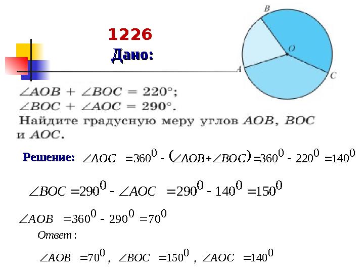 Решение:Решение: 1226 Дано:Дано:  0 140 0 220 0 360 0 360          BOC AOB AOC 0 150 0 140 0 290 0