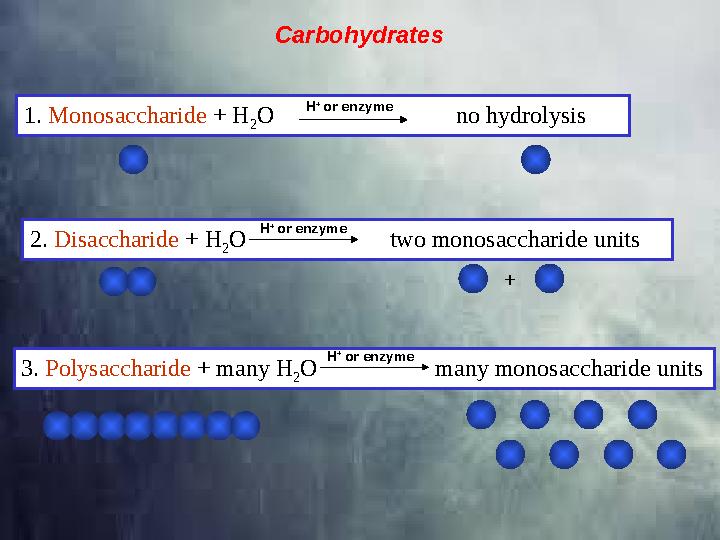 Carbohydrates 1. Monosaccharide + H 2 O no hydrolysisH + or enzyme 2. Disaccharide + H 2 O two monosaccharide units + 3. P