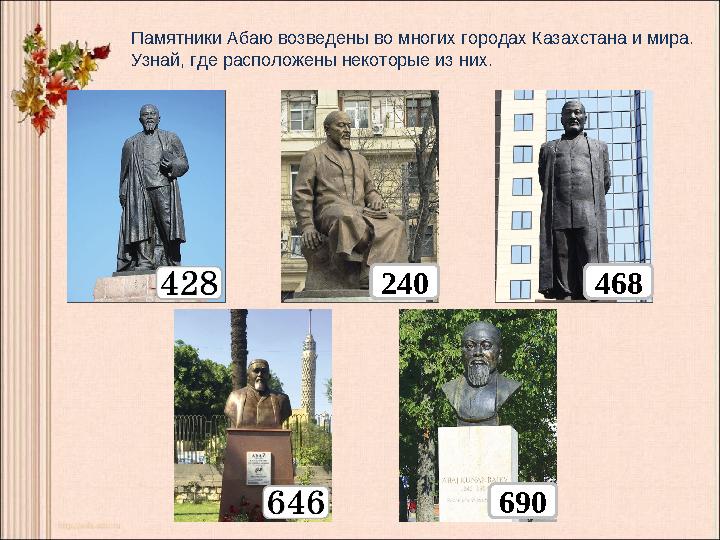 Памятники Абаю возведены во многих городах Казахстана и мира. Узнай, где расположены некоторые из них. 240 690 468