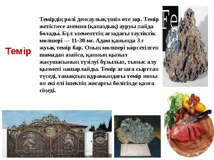 Темір Темірдің рөлі денсаулық үшін өте зор. Темір жетіспесе анемия (қаназдық) ауруы пайда болады . Бұл элементтің ағзадағы т