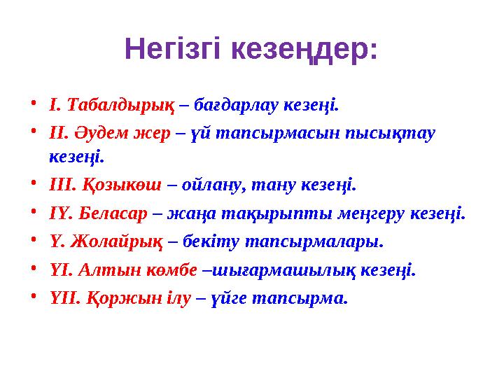 Негізгі кезеңдер: • І. Табалдырық – бағдарлау кезеңі. • ІІ. Әудем жер – үй тапсырмасын пысықтау кезеңі. • ІІІ. Қозыкөш –
