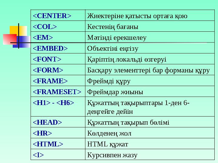 Элемент Атқаратын қызметі <B> Қою қаріппен жазу <BASEFONT> Барлық құжатқа үнсіз келісім бойынша қаріптің өлшемін беру <BGSOUND>