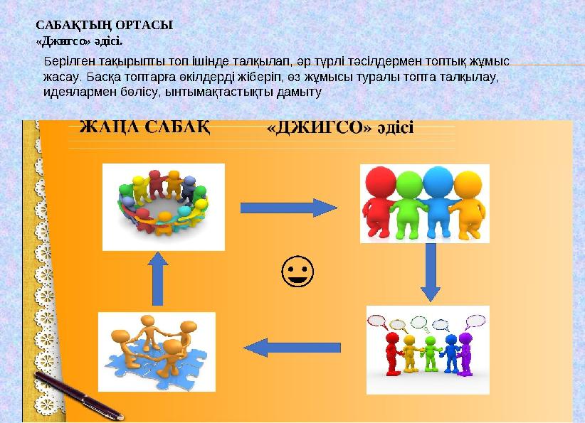 САБАҚТЫҢ ОРТАСЫ «Джигсо» әдісі. Берілген тақырыпты топ ішінде талқылап, әр түрлі тәсілдермен топтық жұмыс жасау. Басқа топтарғ