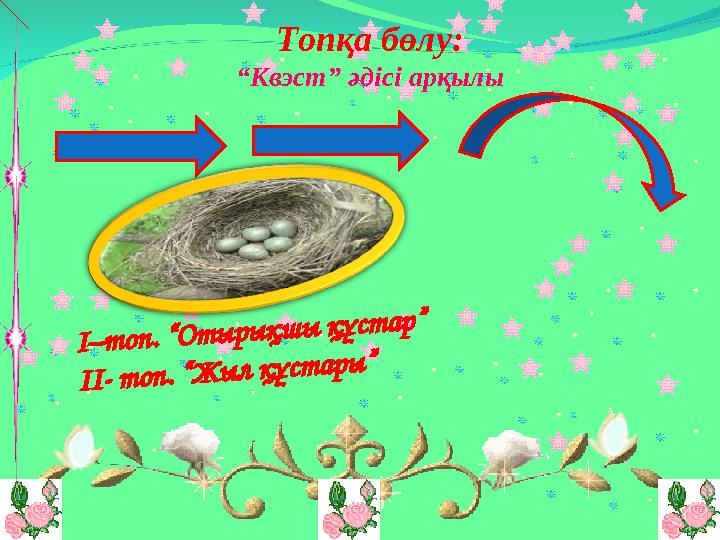 Топқа бөлу: “ Квэст” әдісі арқылыI – т о п . “ О т ы р ы қ ш ы қ ұ с т а р ” I I - т о п . “ Ж ы л қ ұ с т а р ы ”