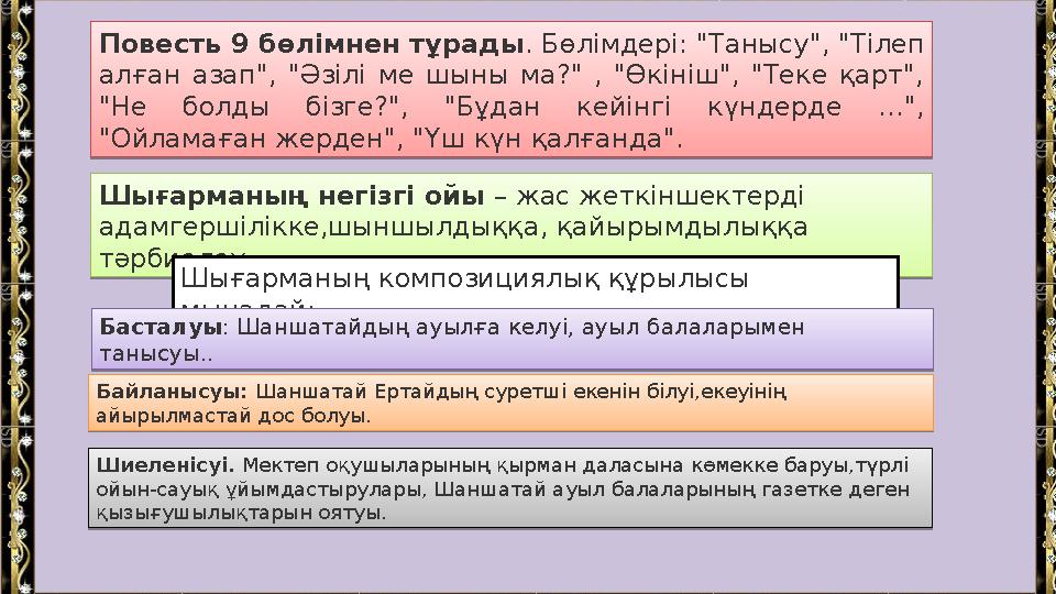 Повесть 9 бөлімнен тұрады . Бөлімдері: "Танысу", "Тілеп алған азап", "Әзілі ме шыны ма?" , "Өкініш", "Теке қарт", "Не