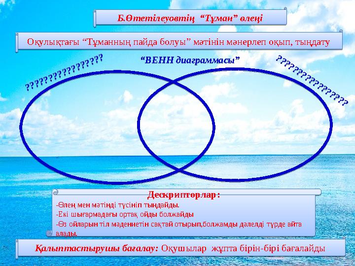 Б.Өтетілеуовтің “Тұман” өлеңі Дескрипторлар: -Өлең мен мәтінді түсініп тыңдайды. -Екі шығармадағы ортақ ойды болжайды -Өз ойлар