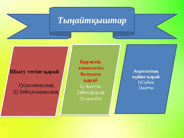 Тыңайтқыштар Қоректік элементтің болуына қарай 1 ) Азотты 2)Фосфорлф 3) калийлі Агрегаттық күйіне қарай 1)Сұйық 2)қаттыШығу