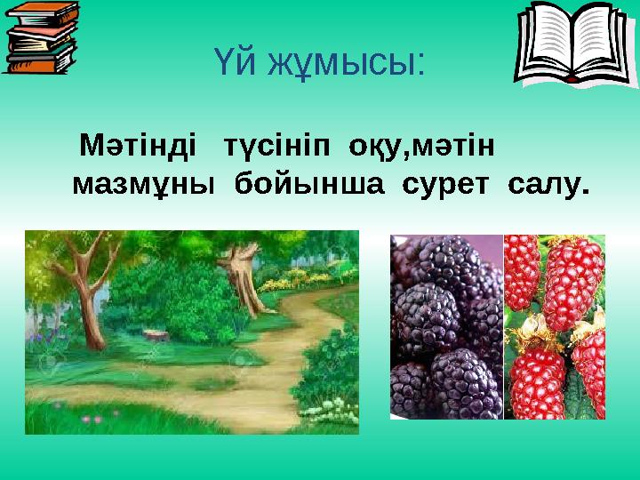 Үй жұмысы: Мәтінді түсініп оқу,мәтін мазмұны бойынша сурет салу.