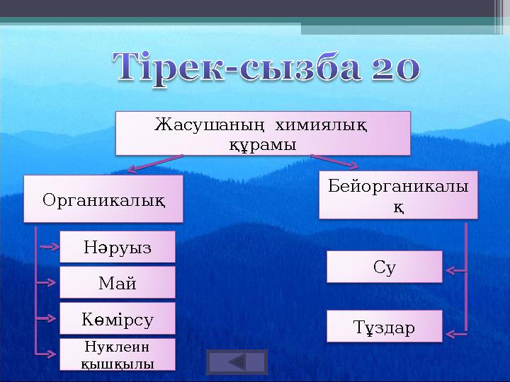 Жасушаның химиялық құрамы Органикалық Бейорганикалы қ Нәруыз Май Көмірсу Нуклеин қышқылы Тұздар Су