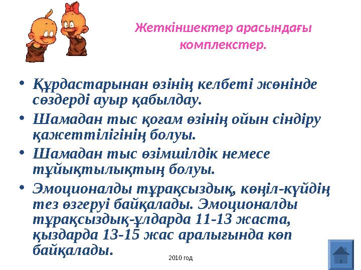 Жеткіншектер арасындағы комплекстер. • Құрдастарынан өзінің келбеті жөнінде сөздерді ауыр қабылдау. • Шамадан тыс қоғам өзінің