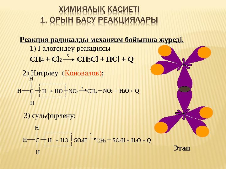 СН 4 + С l 2 CH 3 Cl + HCl + Q tРеакция радикалды механизм бойынша жүреді. ЭтанС НН НН + НО NO 2 СН