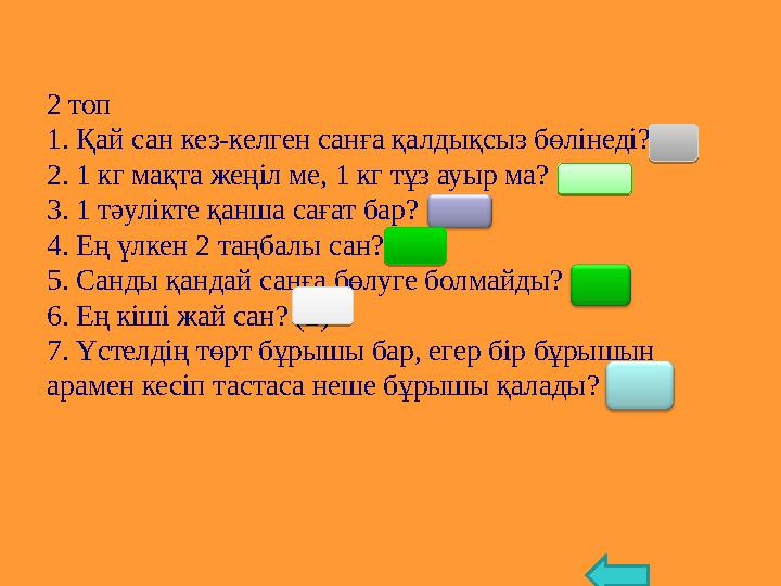 2 топ 1. Қай сан кез-келген санға қалдықсыз бөлінеді? (0) 2. 1 кг мақта жеңіл ме, 1 кг тұз ауыр ма? (тең) 3. 1 тәулікте қанша са