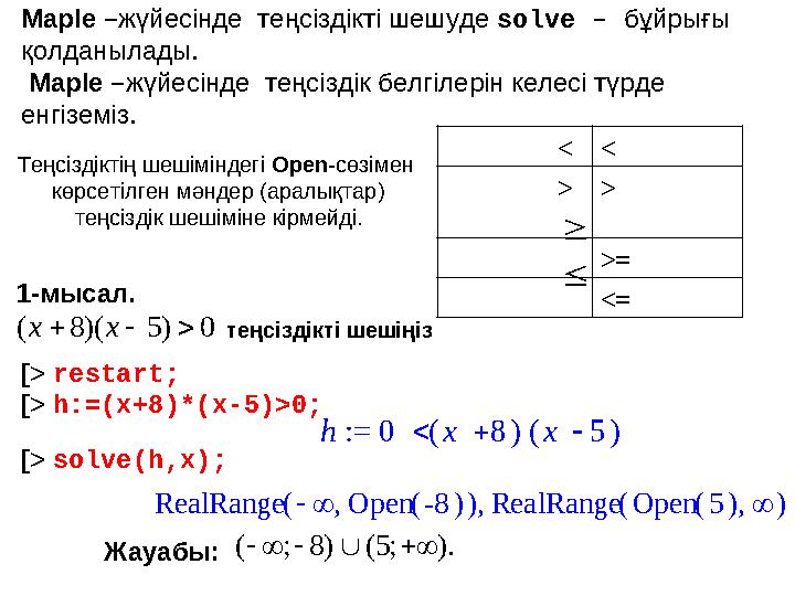  Maple – жүйесінде теңсіздікті шешуде solve – бұйрығы қолданылады. Maple – жүйесінде теңсіздік белгілерін келесі түрде