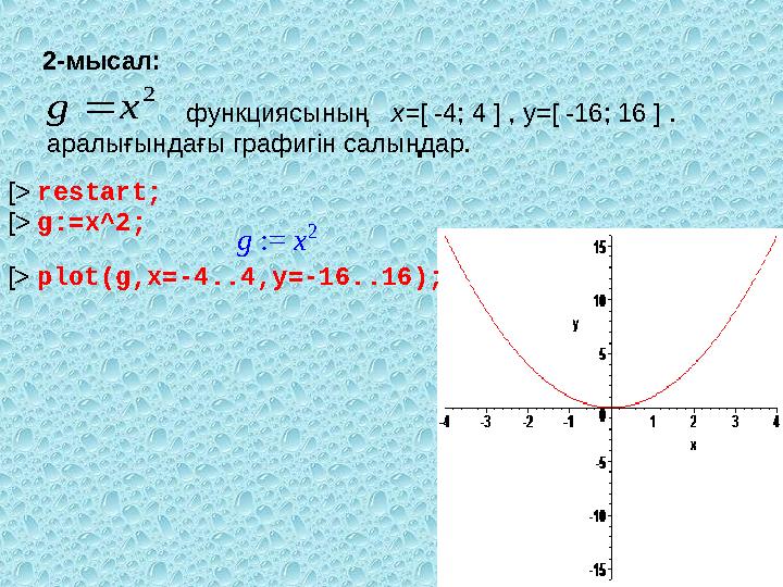 2 g x  := g x 22-мысал: [ > restart; [> g:=x^2; [> plot(g,x=-4..4,y=-16..16); функциясының x=