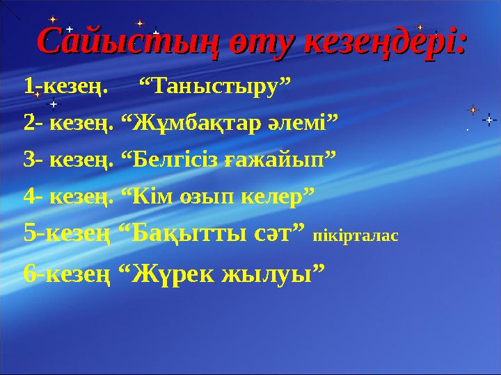 Сайыстың өту кезеңдері:Сайыстың өту кезеңдері: 1-кезең. “Таныстыру” 2- кезең. “Жұмбақтар әлемі” 3- кезең. “Белгісіз ғажайып”