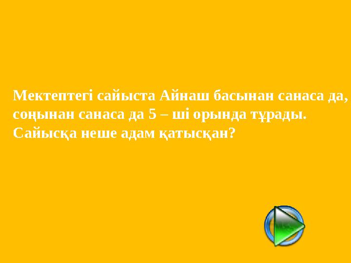 Мектептегі сайыста Айнаш басынан санаса да, соңынан санаса да 5 – ші орында тұрады. Сайысқа неше адам қатысқан?