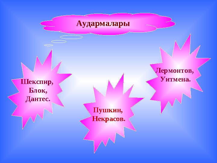 Аудармалары Шекспир, Блок, Дантес. Пушкин, Некрасов. Лермонтов, Уитмена.