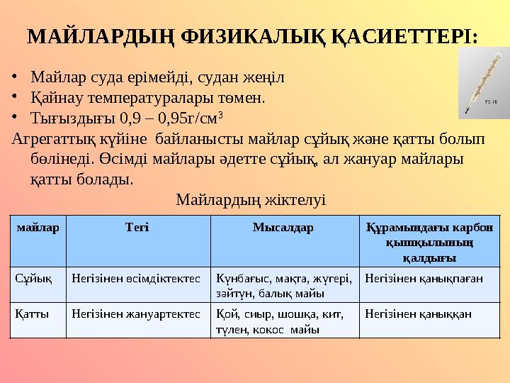 МАЙЛАРДЫҢ ФИЗИКАЛЫҚ ҚАСИЕТТЕРІ: • Майлар суда ерімейді, судан жеңіл • Қайнау температуралары төмен. • Тығыздығы 0,9 – 0,95г/см 3