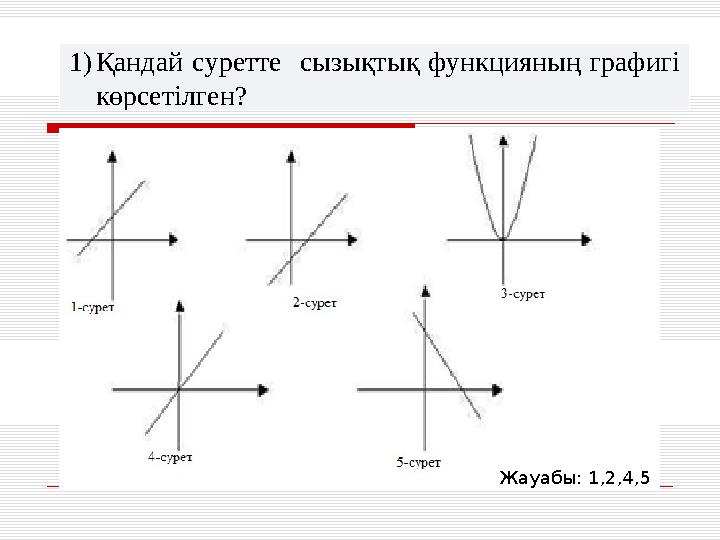 1) Қандай суретте сызықтық функцияның графигі көрсетілген? Жауабы: 1,2,4,5