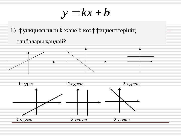 1) функциясының k және b коэффициенттерінің таңбалары қандай?b kx y   1-сурет 2-су