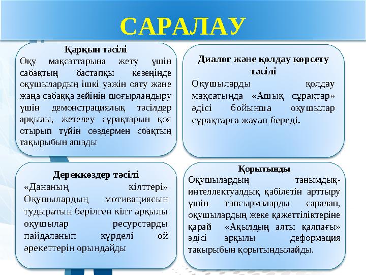 С A Р A Л A У Дереккөздер тәсілі «Дананың кілттері» Оқушылардың мотивациясын тудыратын берілген кілт арқылы оқушылар ресу