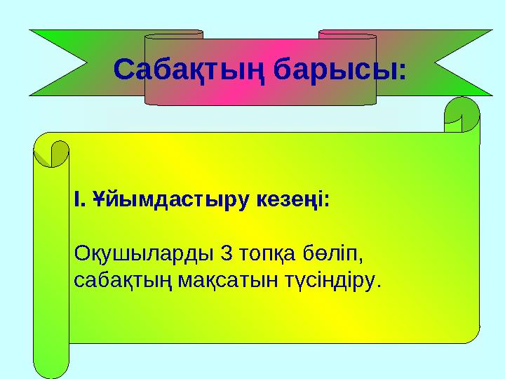 Сабақтың барысы: І. Ұйымдастыру кезеңі: Оқушыларды 3 топқа бөліп, сабақтың мақсатын түсіндіру.