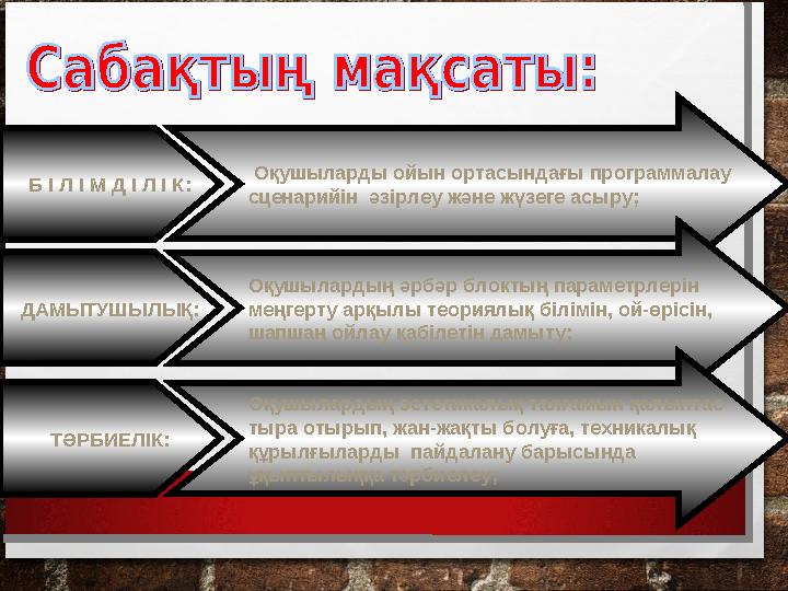 Б І Л І М Д І Л І К: Оқушыларды ойын ортасындағы программалау сценарийін әзірлеу және жүзеге асыру; ДАМЫТУШЫЛЫҚ: Оқушылардың