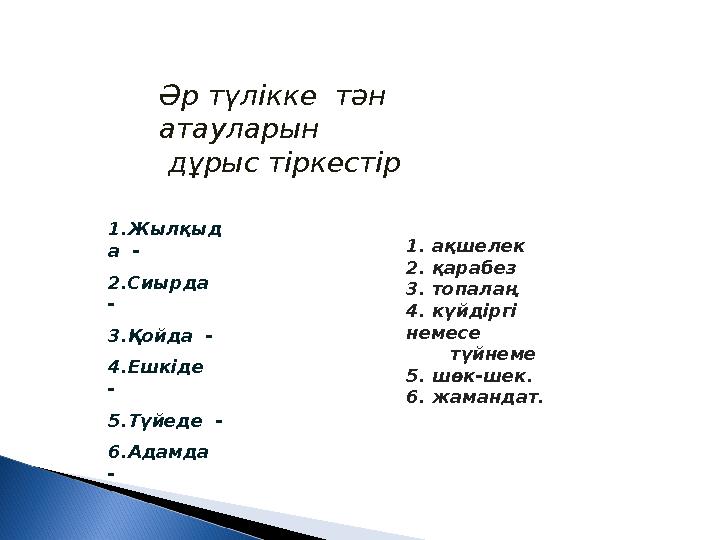 1.Жылқыд а - 2.Сиырда - 3.Қойда - 4.Ешкіде - 5.Түйеде - 6.Адамда - 1. ақшелек 2. қарабез 3. топалаң 4. күйдіргі неме