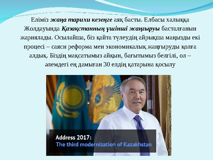 Еліміз жаңа тарихи кезеңге аяқ басты. Елбасы халыққа Жолдауында Қазақстанның үшінші жаңғыруы басталғанын жариялады. Осылай