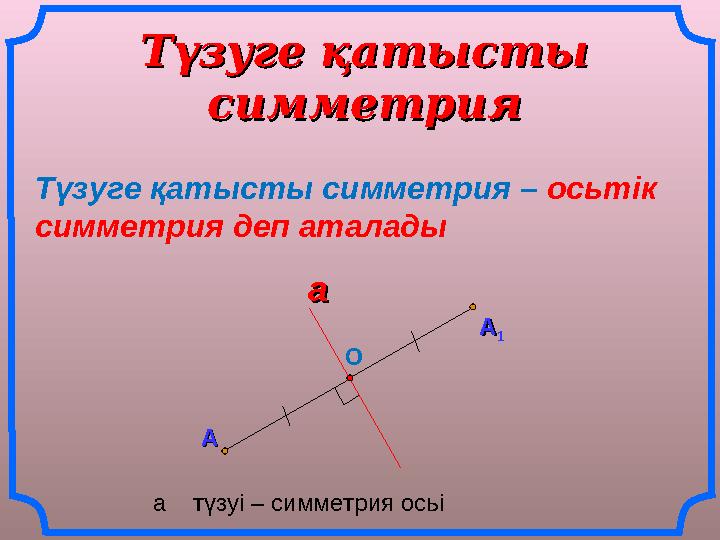 Түзуге қатысты Түзуге қатысты симметриясимметрия АА АА 11aaТүзуге қатысты симметрия – осьтік симметрия деп аталады О а түз