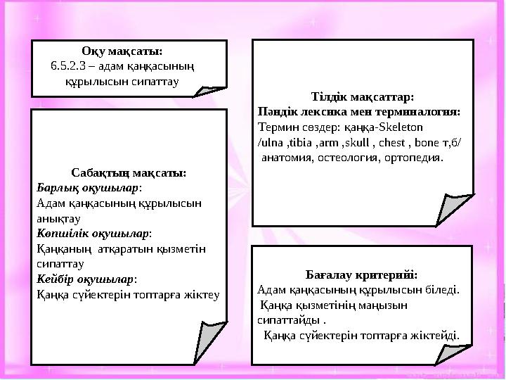 Оқу мақсаты: 6. 5 . 2 . 3 – адам қаңқасының құрылысын сипаттау Сабақтың мақсаты: Баpлық оқушылаp : Адам қаңқасының құрылысын