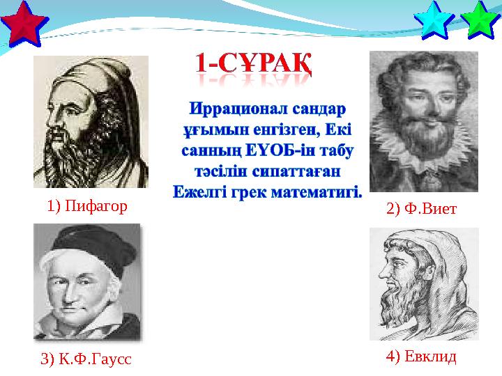 1) Пифагор 3) К.Ф.Гаусс 2) Ф.Виет 4) Евклид