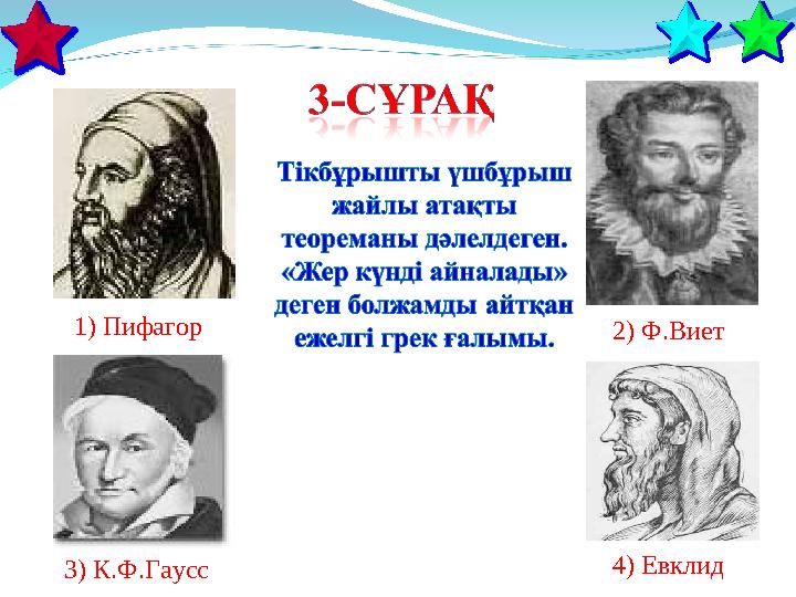 1) Пифагор 3) К.Ф.Гаусс 2) Ф.Виет 4) Евклид