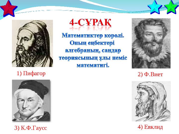 1) Пифагор 3) К.Ф.Гаусс 2) Ф.Виет 4) Евклид