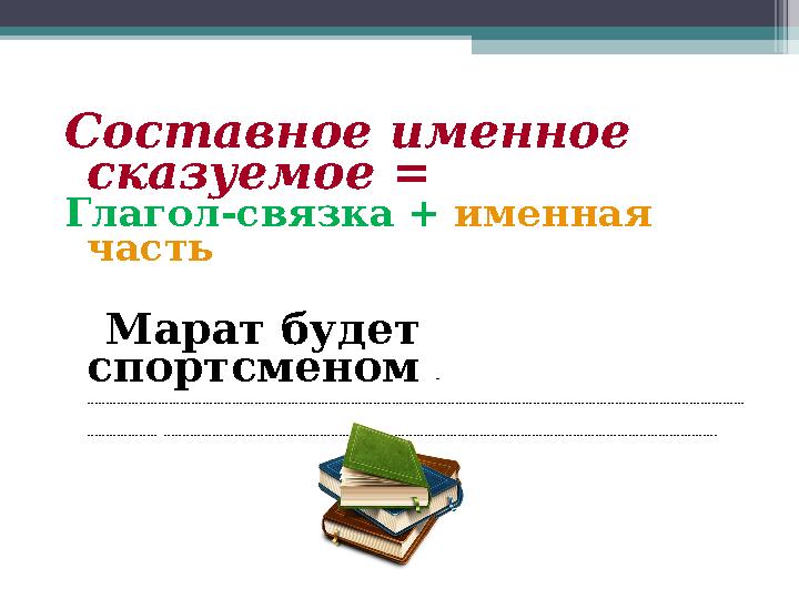 Составное именное сказуемое = Глагол-связка + именная часть Марат будет спортсменом -