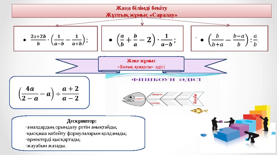 Жаңа білімді бекіту Жұптық жұмыс «Саралау» . Дескриптор: - амалдардың орындалу ретін анықтайды; - қысқаша көбейту формулалар