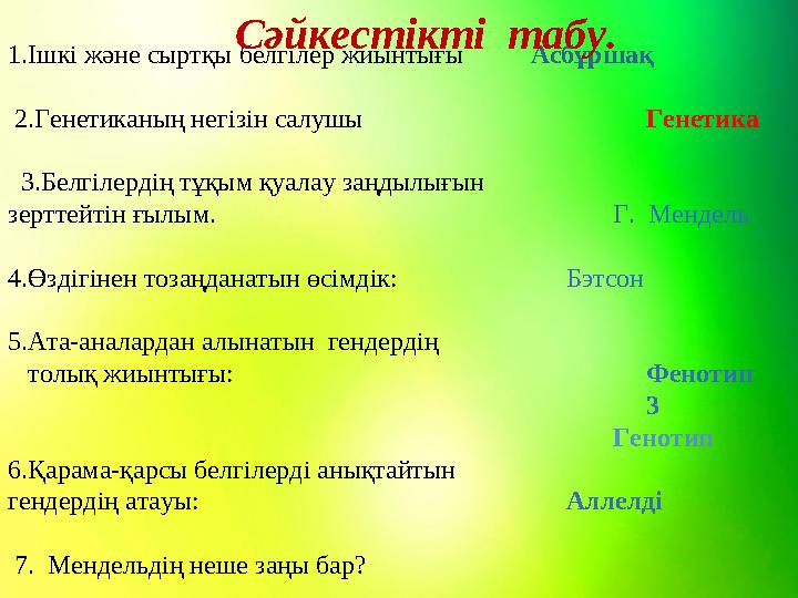 1.Ішкі және сыртқы белгілер жиынтығы Асбұршақ 2.Генетиканың негізін салушы Генетика