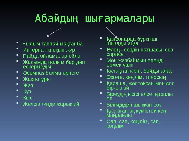 Абайдың шығармалары  Ғылым таппай мақтанба  Интернатта оқып жүр  Пайда ойлама, ар ойла  Жасымда ғылым бар деп ескермедім 