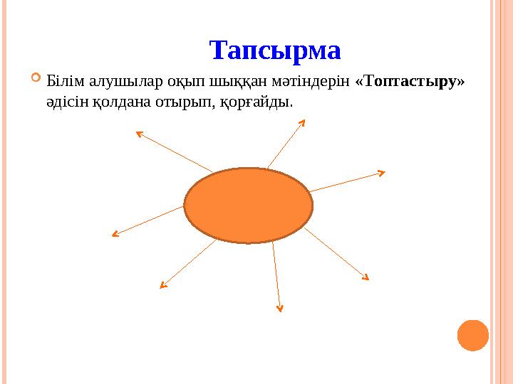 Тапсырма  Білім алушылар оқып шыққан мәтіндерін «Топтастыру» әдісін қолдана отырып, қорғайды.