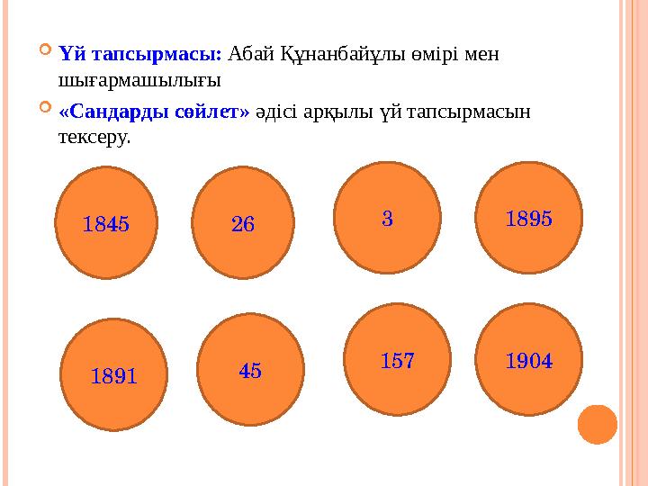  Үй тапсырмасы: Абай Құнанбайұлы өмірі мен шығармашылығы  «Сандарды сөйлет» әдісі арқылы үй тапсырмасын тексеру. 1845 45