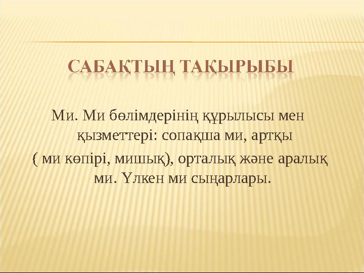 Ми. Ми бөлімдерінің құрылысы мен қызметтері: сопақша ми, артқы ( ми көпірі, мишық), орталық және аралық ми. Үлкен ми сыңарла