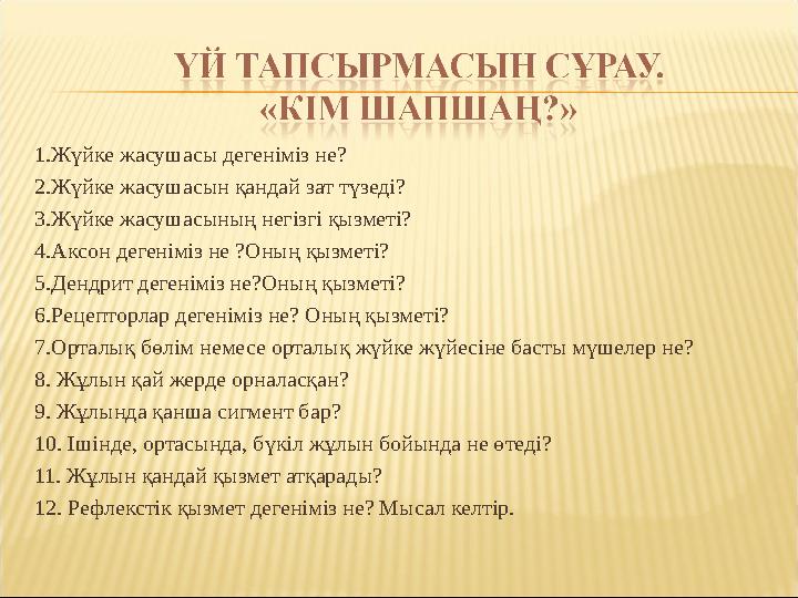 1.Жүйке жасушасы дегеніміз не? 2.Жүйке жасушасын қандай зат түзеді? 3.Жүйке жасушасының негізгі қызметі? 4.Аксон дегеніміз не ?О