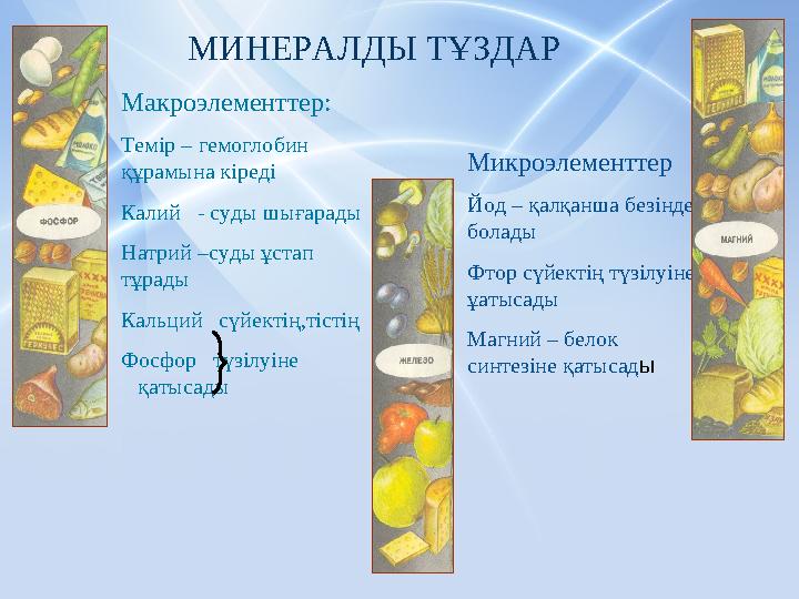 МИНЕРАЛДЫ ТҰЗДАР Макроэлементтер: Темір – гемоглобин құрамына кіреді Калий - суды шығарады Натрий –суды ұстап тұрады Кальций