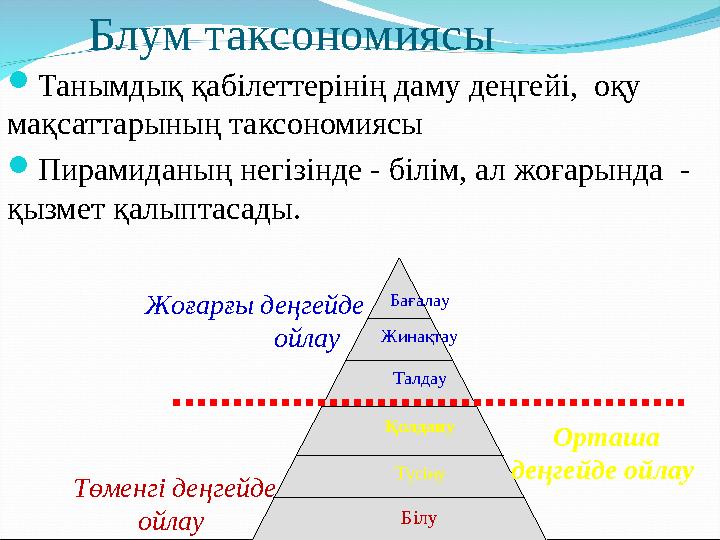  Танымдық қабілеттерінің даму деңгейі, оқу мақсаттарының таксономиясы  Пирамиданың негізінде - білім, ал жоғарында - қыз