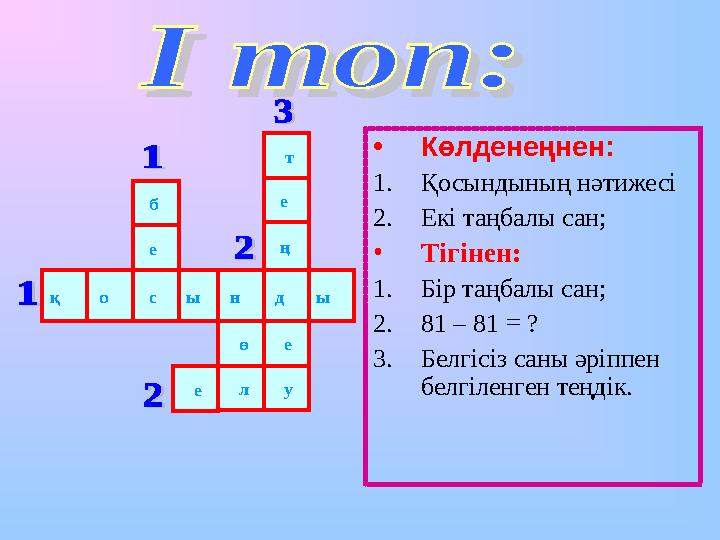 • Көлденеңнен: 1. Қосындының нәтижесі 2. Екі таңбалы сан; • Тігінен: 1. Бір таңбалы сан; 2. 81 – 81 = ? 3. Белгісіз саны әріпп