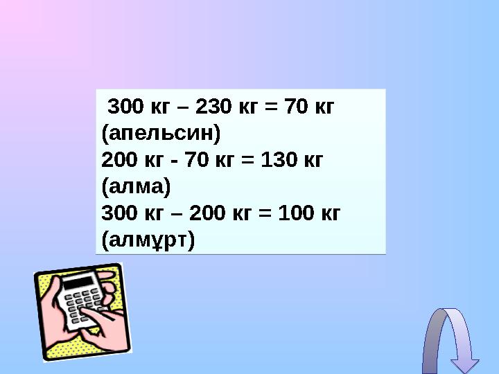 300 кг – 230 кг = 70 кг (апельсин) 200 кг - 70 кг = 130 кг (алма) 300 кг – 200 кг = 100 кг (алмұрт) 300 кг – 230 кг = 70 к