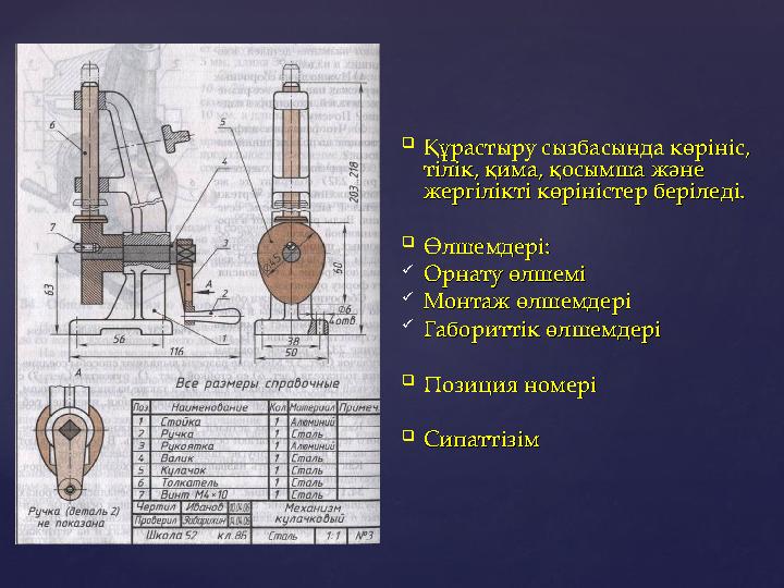  Құрастыру сызбасында көрініс, Құрастыру сызбасында көрініс, тілік, қима, қосымша және тілік, қима, қосымша және жергілікті к