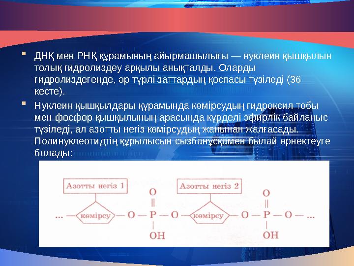  ДНҚ мен РНҚ құрамының айырмашылығы — нуклеин қышқылын толық гидролиздеу арқылы анықталды. Оларды гидролиздегенде, әр түрлі з