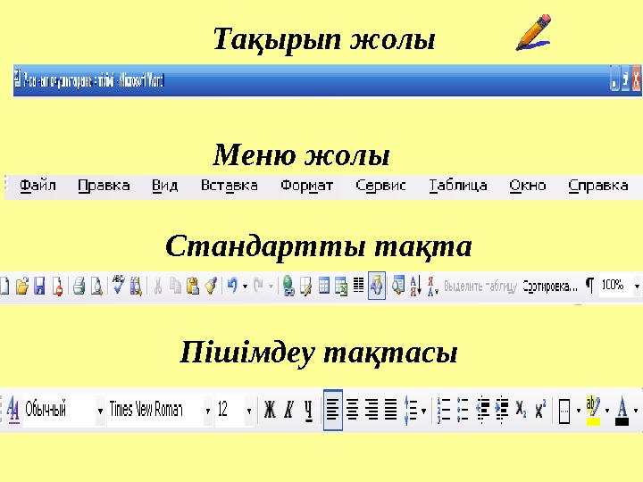 Тақырып жолы Меню жолы Стандартты тақта Пішімдеу тақтасы