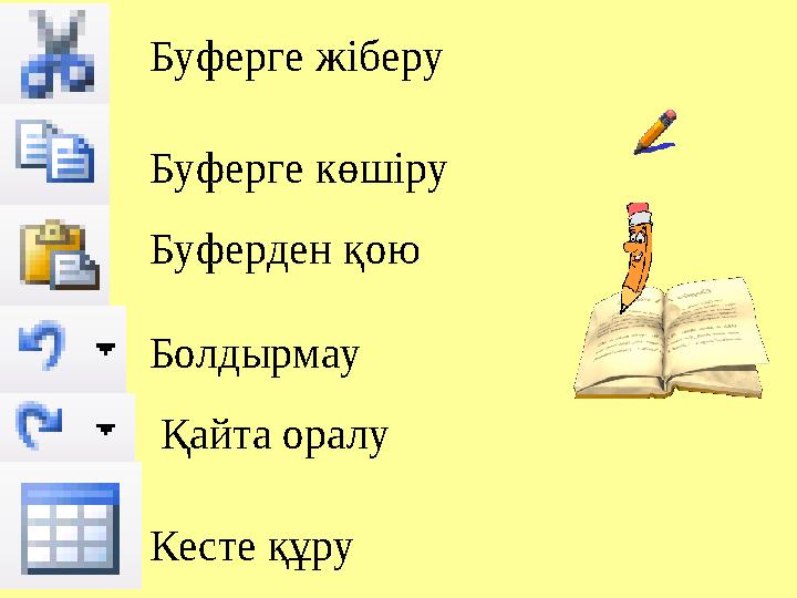 Буферге жіберу Буферге көшіру Буферден қою Болдырмау Қайта оралу Кесте құру